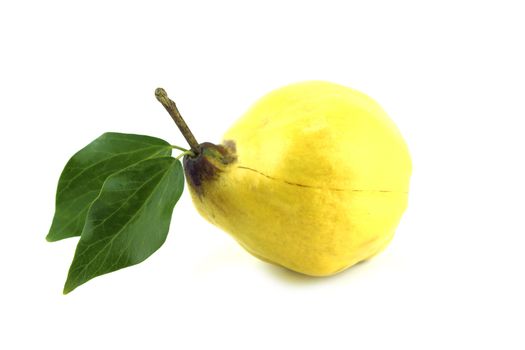sweet quinces with leaves and slice on white