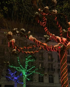 GENEVA, SWITZERLAND - DECEMBER 2 : festival of lights on trees in front of a building, on December 2, 2010, in Geneva, Switzerland.