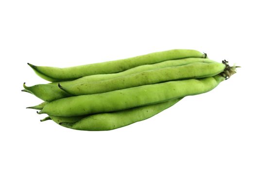 broad bean pods and beans on white background . with a clipping path