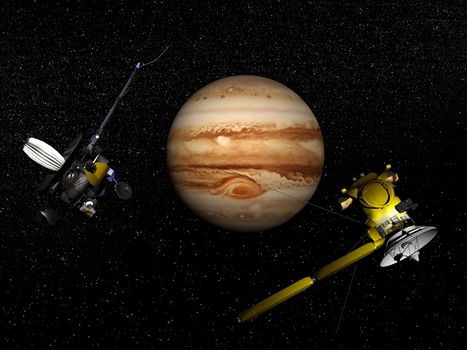 Galileo and Cassini spacecrafts next to Jupiter in the universe - Elements of this image furnished by NASA