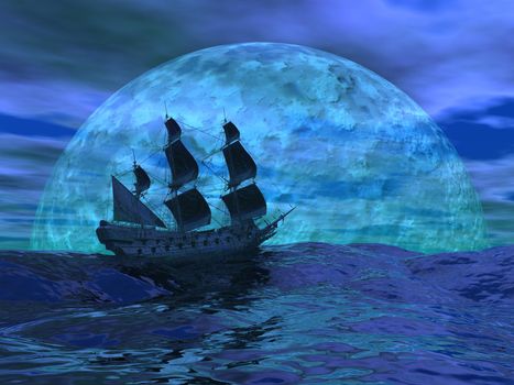 Flying dutchman boat floating on the ocean in front of a very big full moon by night