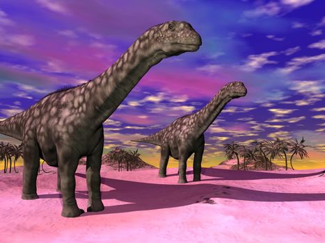 Two argentinosaurus dinausors in a prehistoric wild landscape and colorful sky