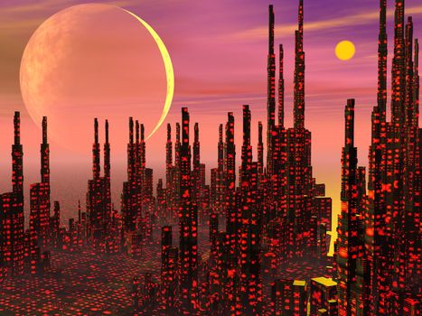 Futuristic buildings in a fantasy city and strange planets