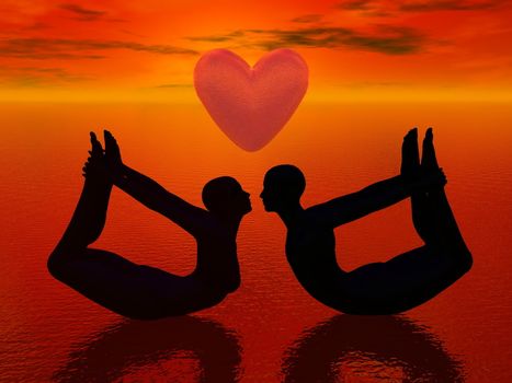 a woman and a man doing yoga pose and almost kissing under a big heart in red background