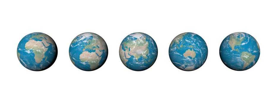 Five earth showing five continents in white background