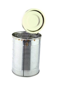open and empty can on white background with a clipping path