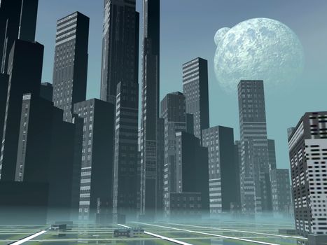 Modern alien futuristic city with lots of high buildings by hazy night with two moons