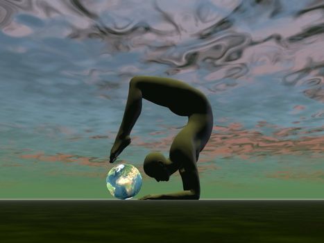 Man practicing yoga in front of small earth by cloudy night