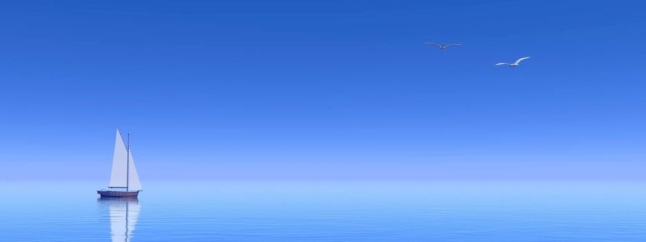 Small sail boat alone on the very quiet ocean and two seagulls flying away in deep blue sky