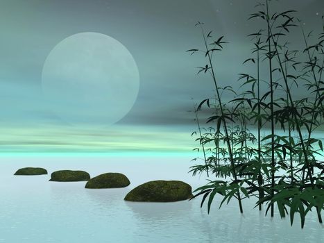 Bamboos next to stones in a row leading to the moon in green background