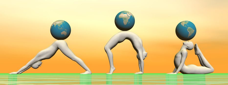 Three males practicing yoga asanas and supporting a globe each in yellow, orange and green background