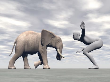Human practicing yoga in front of elephant in grey cloudy background