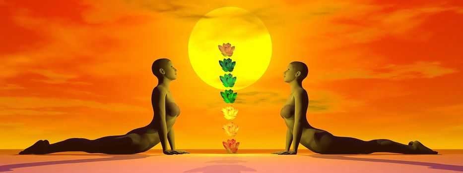 Two women in cobra posture facing a lotus flower column with seven chakra colors in front of red sunset