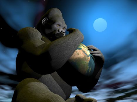 Big gorilla holding the earth in his arms by full moon night