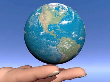 Index finger sustaining the earth in blue background