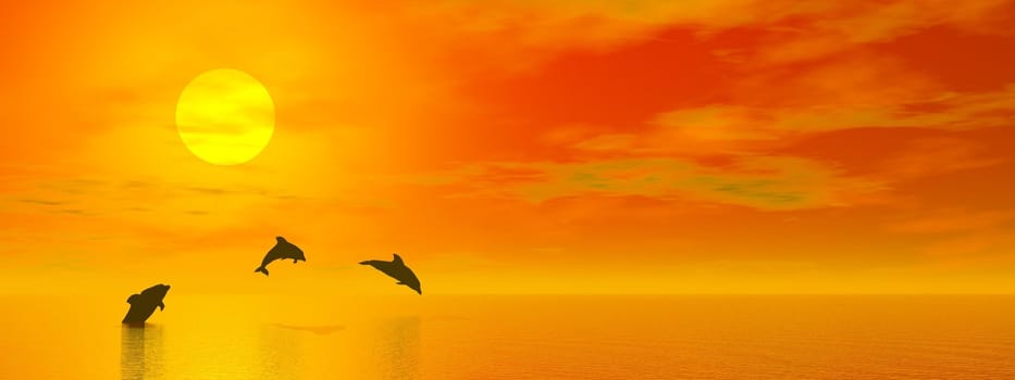 Shadow of three small dolphins jumping in the ocean at the sun by red sunset