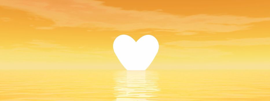 Small yellow heart upon the ocean as for sunset in orange background