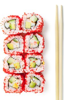 Close up top view of sushi isolated over white background