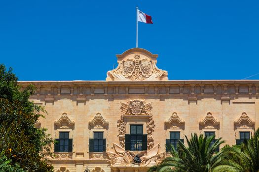 Maltese Flag on Auberge de Castille in Valletta, Malta - office of the Prime Minister of Malta
