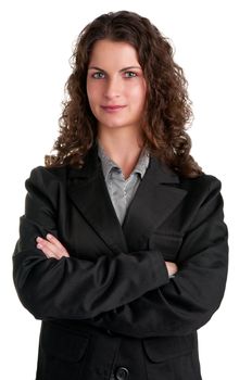 Portrait of a young business woman with her arms crossed, smiling, isolated in a white background