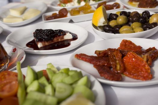 close up to classic Turkish style breakfast food plates