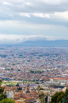 View of Bogota, Colombia with the Primary Cathedral and Andes Mountains