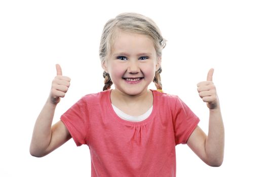 Portrait of a beautiful girl showing thumbs up