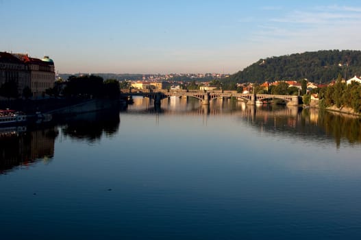 view of the Vltava River and Prague bridges early in the morning. Prague. Czech Republic.  