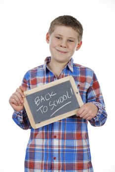 boy holding slate on white background