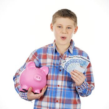 boy with piggy bank and banknote on white background