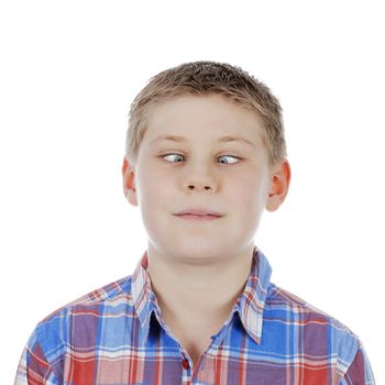 cross-eyed young boy on white background