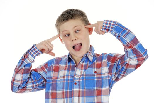 cross-eyed young child on white background