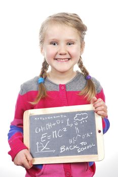 girl holding slate on white background