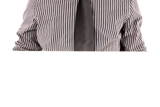 Cropped view of a mans chest in a stylish tie and striped shirt isolated on white