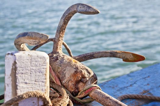Dwarka Roadtrip. Horizontal generic capture of anchor and tie ropes on a passenger ferry from Bet Dwarka to mainland India in Gujarat