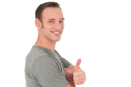 Handsome positive man showing thumb up isolated on white