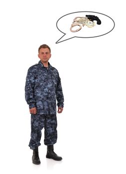 man in camouflage clothing thinks of weapons and money