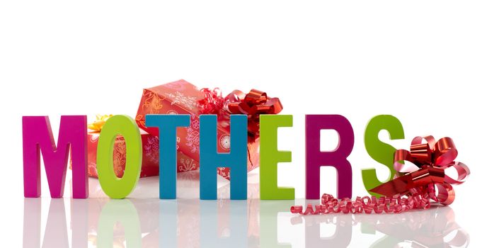 letters in red green blue with mothers text on white background with presents