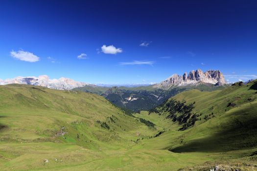 summer landscape of Italian Dolomites with Catinaccio and Sassolungo groups