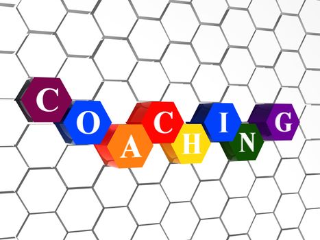 coaching - word in cellular structure, 3d color hexagons with white text, business growth concept