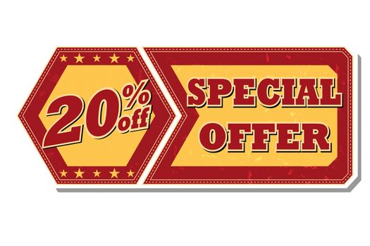 20 percentages off discount special offer - retro style red ocher hexagon and flyer label with text and stars, business concept