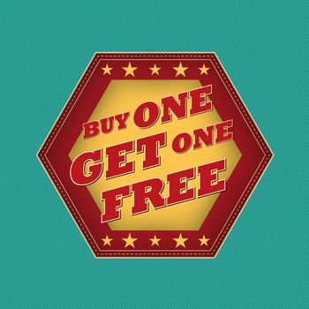 buy one get one free - retro style blue, ocher, red hexagon label with text and stars, business concept