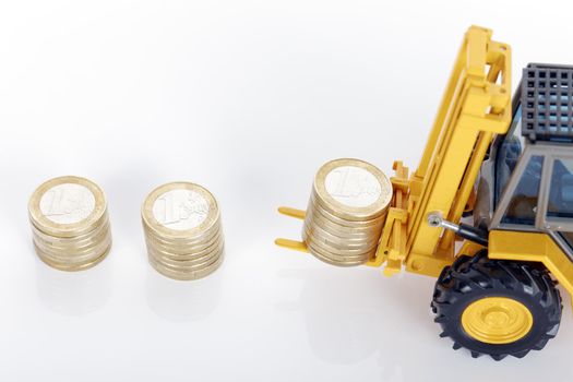 euro money coins and forklift on white background 