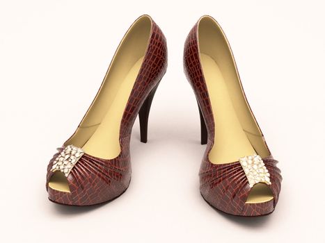 Crocodile leather women's shoes with high heels close up on a light background