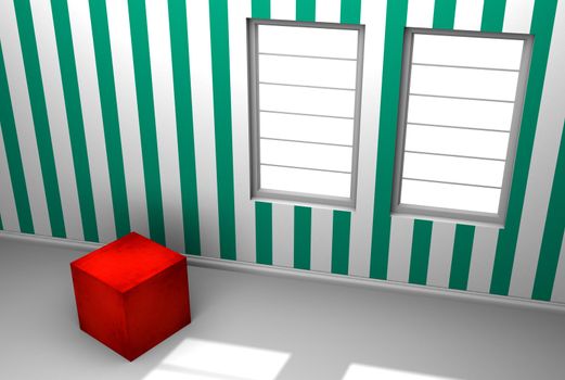 A solo red cube in a room with stripped wallpaper. Two windows with streaming sunlight