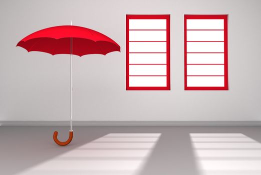 A lone red umbrella open in a white room with sun streaming through two windows