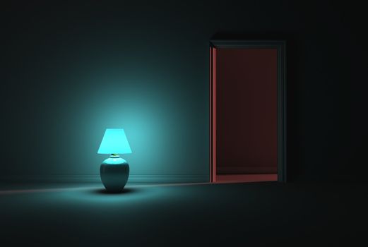A dark room lit with a solo turquoise lamp next to an open door