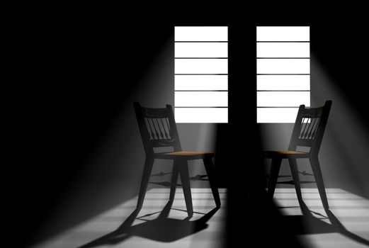 Darkened room with two windows with sunlight streaming in backlighting two empty chairs