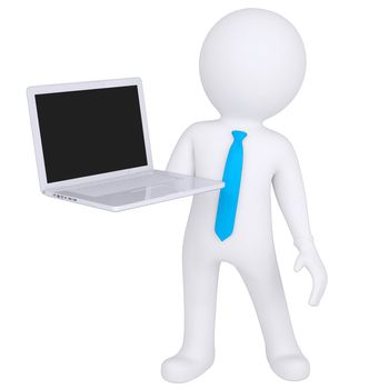 3d white man standing with a laptop. Isolated render on a white background