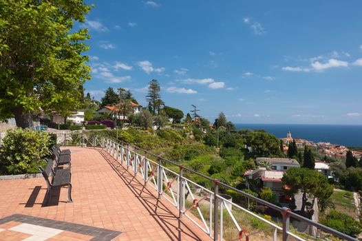 Top view of the Italian town Bordighera and the Mediterranean Sea